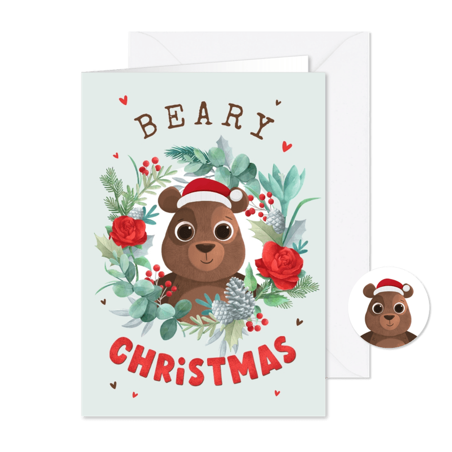 Kerstkaart lief beertje in krans met kerstmuts en hartjes - Kaartimpressie