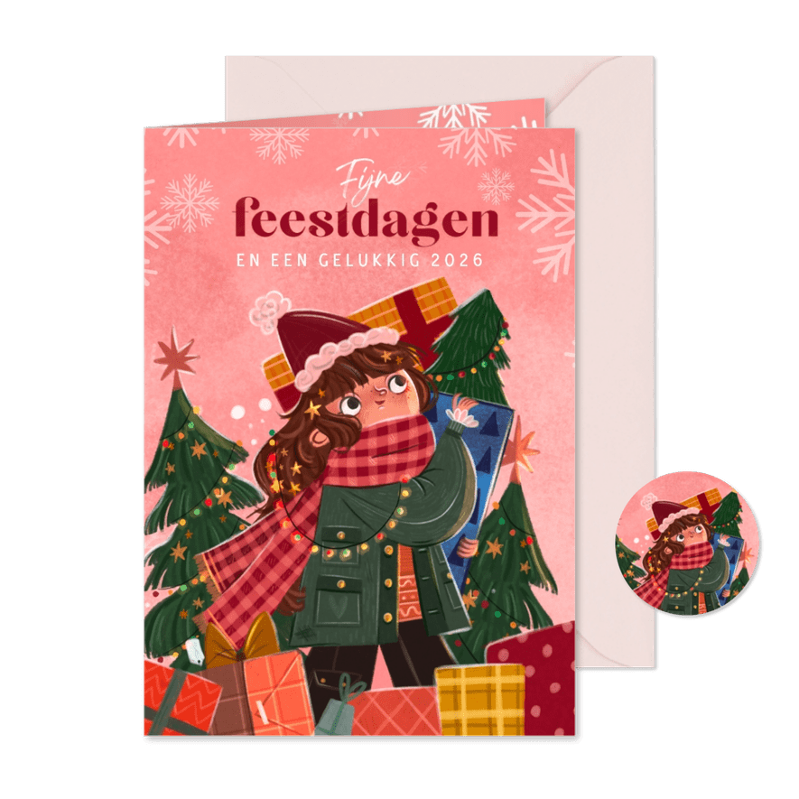 Kerstkaart lief meisje met handen vol cadeautjes - Kaartimpressie