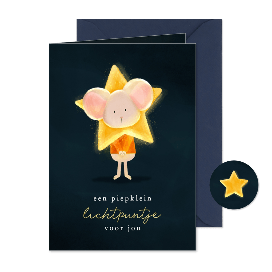 Kerstkaart lief muisje met ster om z'n hoofd lichtpuntje - Kaartimpressie