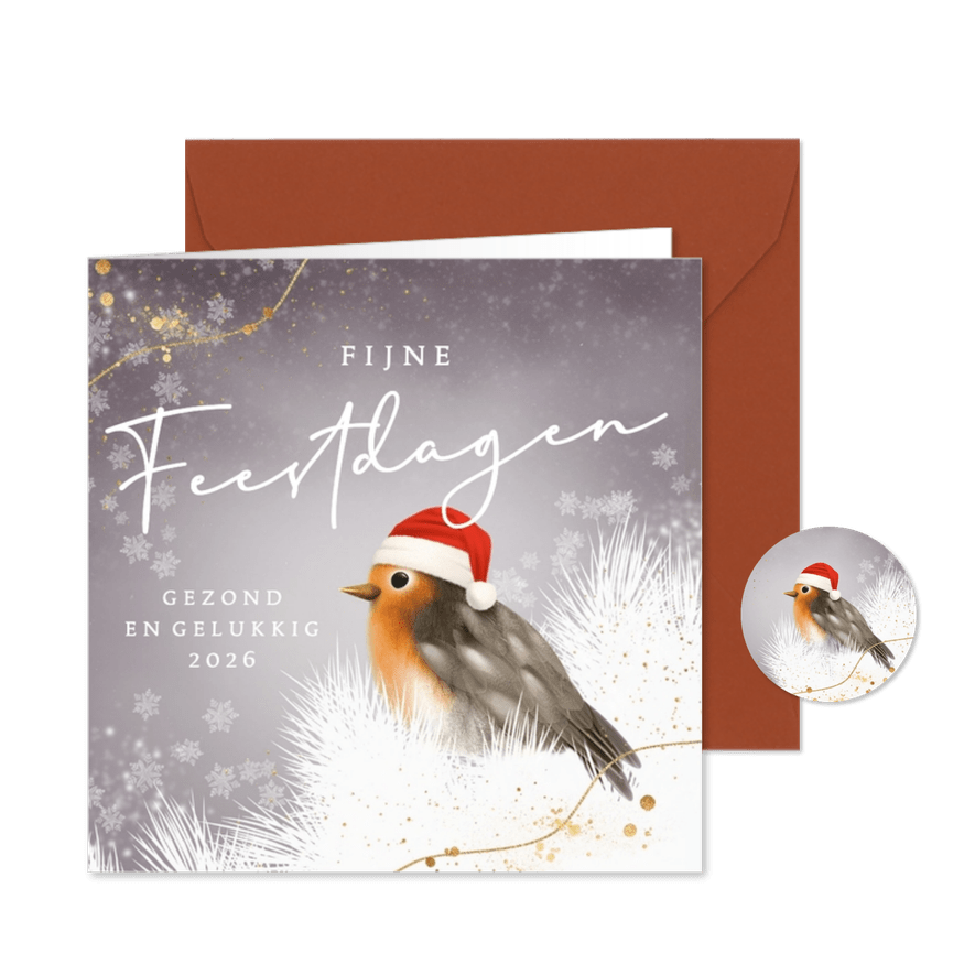 Kerstkaart lief roodborstje met kerstmuts in sneeuw - Kaartimpressie
