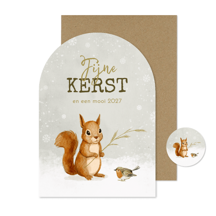 Kerstkaart lief schattig roodborstje eekhoorn sneeuw winter - Kaartimpressie