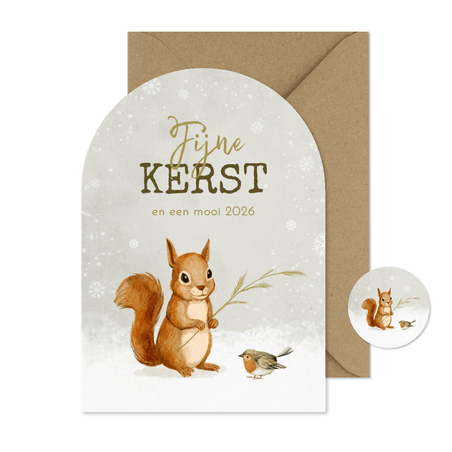 Kerstkaart lief schattig roodborstje eekhoorn sneeuw winter - Kaartimpressie