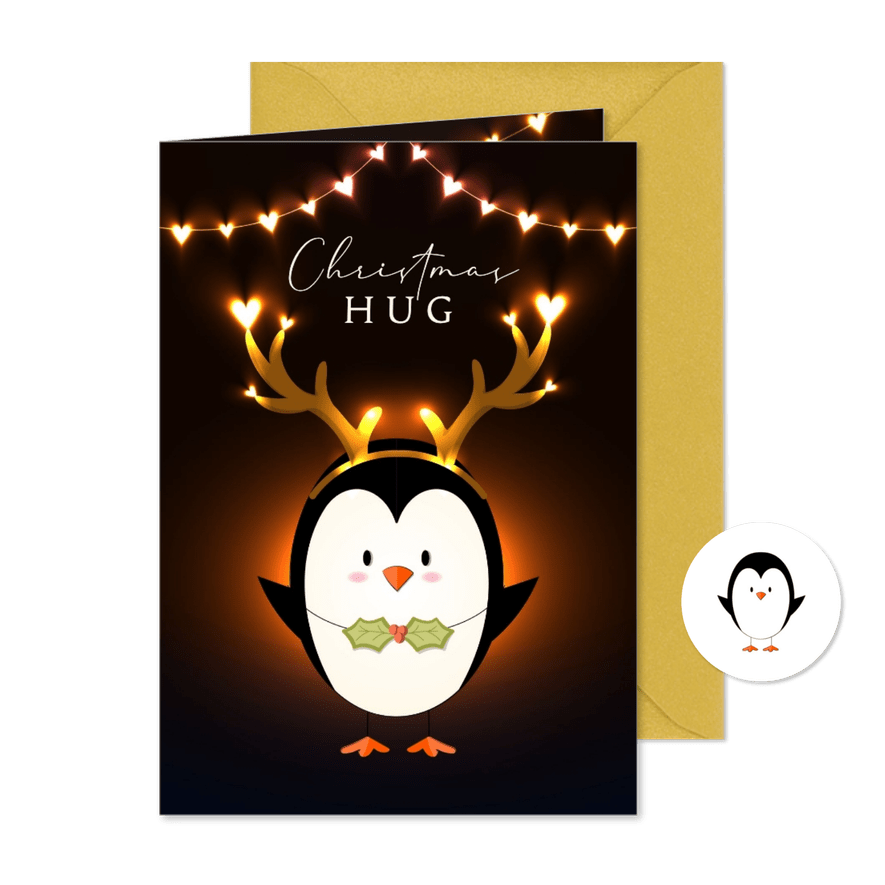Kerstkaart lief vrolijk knuffel lichtgevende hartjes pinguïn - Kaartimpressie