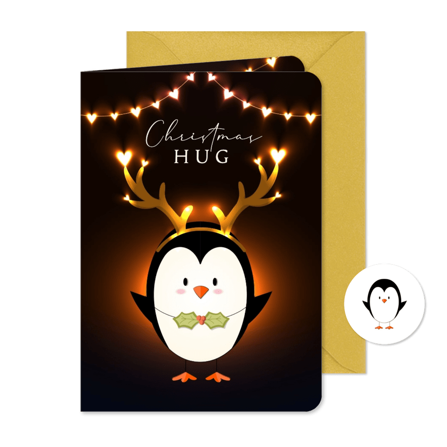 Kerstkaart lief vrolijk knuffel lichtgevende hartjes pinguïn - Kaartimpressie