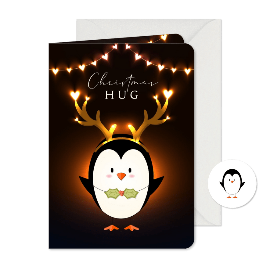 Kerstkaart lief vrolijk knuffel lichtgevende hartjes pinguïn - Kaartimpressie