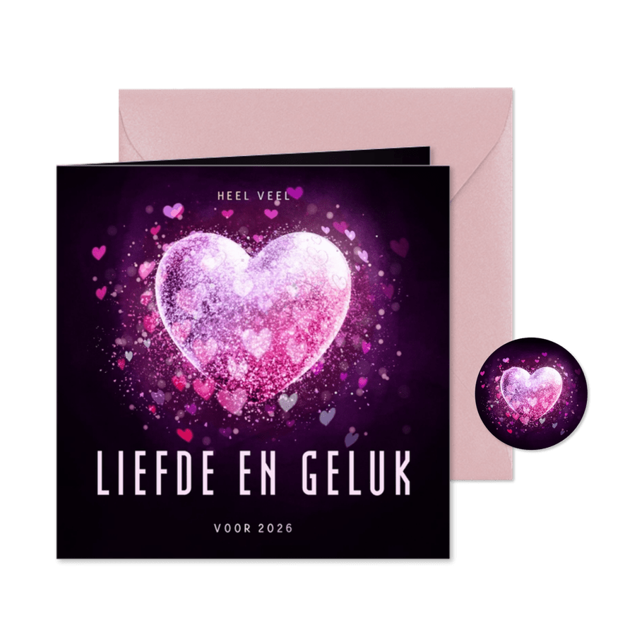Kerstkaart liefde en geluk met roze sprankelend hart - Kaartimpressie