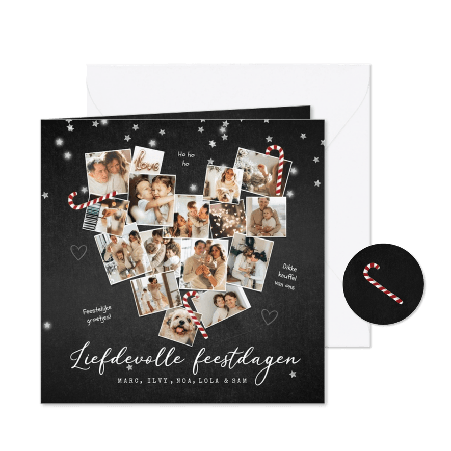 Kerstkaart liefde hart fotocollage zuurstok krijt sterren - Kaartimpressie
