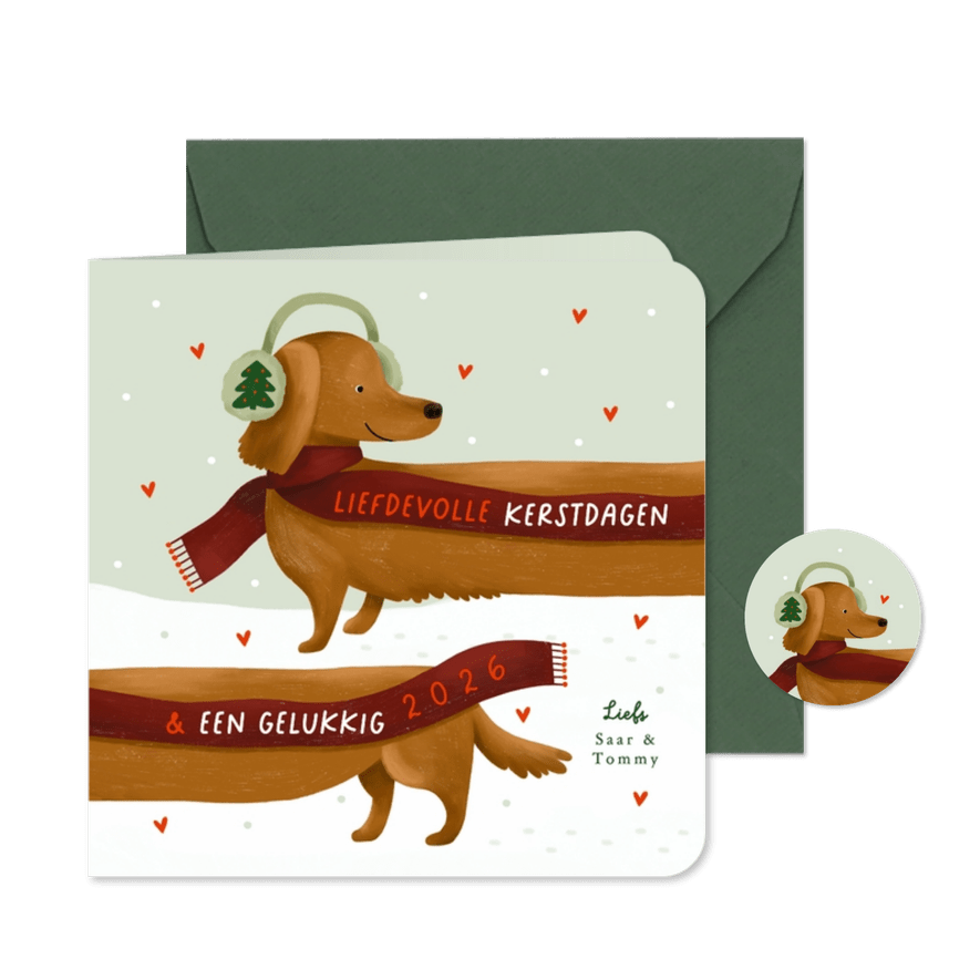 Kerstkaart liefde teckel sjaal sneeuw oorwarmers - Kaartimpressie
