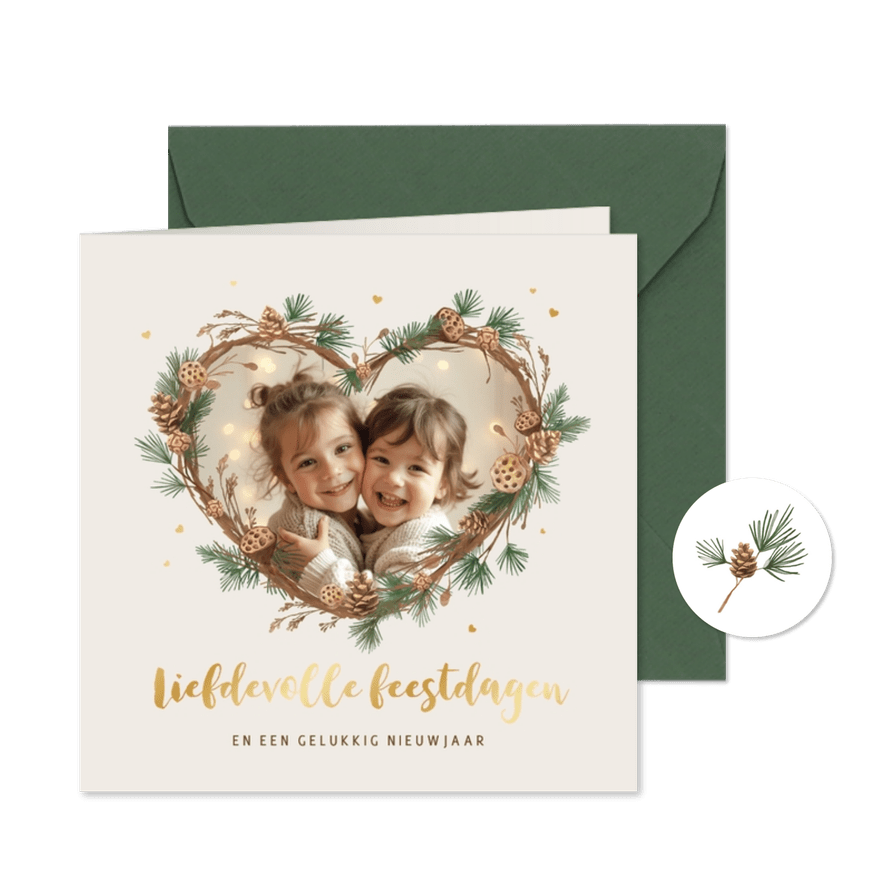 Kerstkaart liefdevol dennentakjes foto hartvorm hartjes - Kaartimpressie