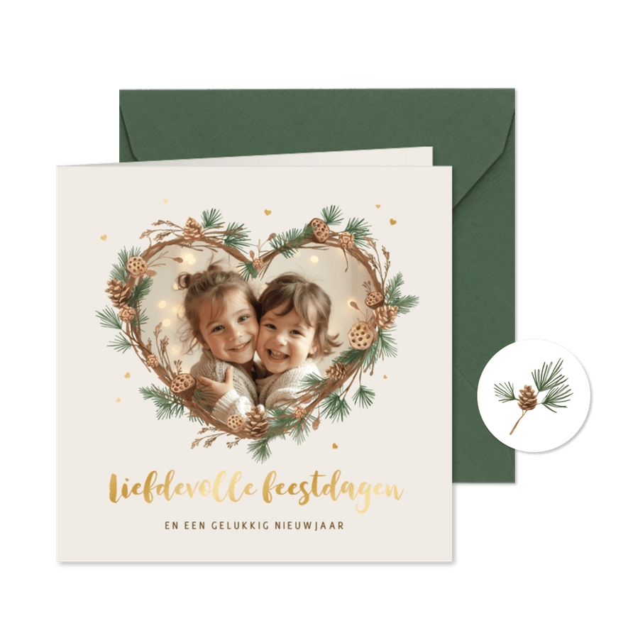 Kerstkaart liefdevol dennentakjes foto hartvorm hartjes - Kaartimpressie