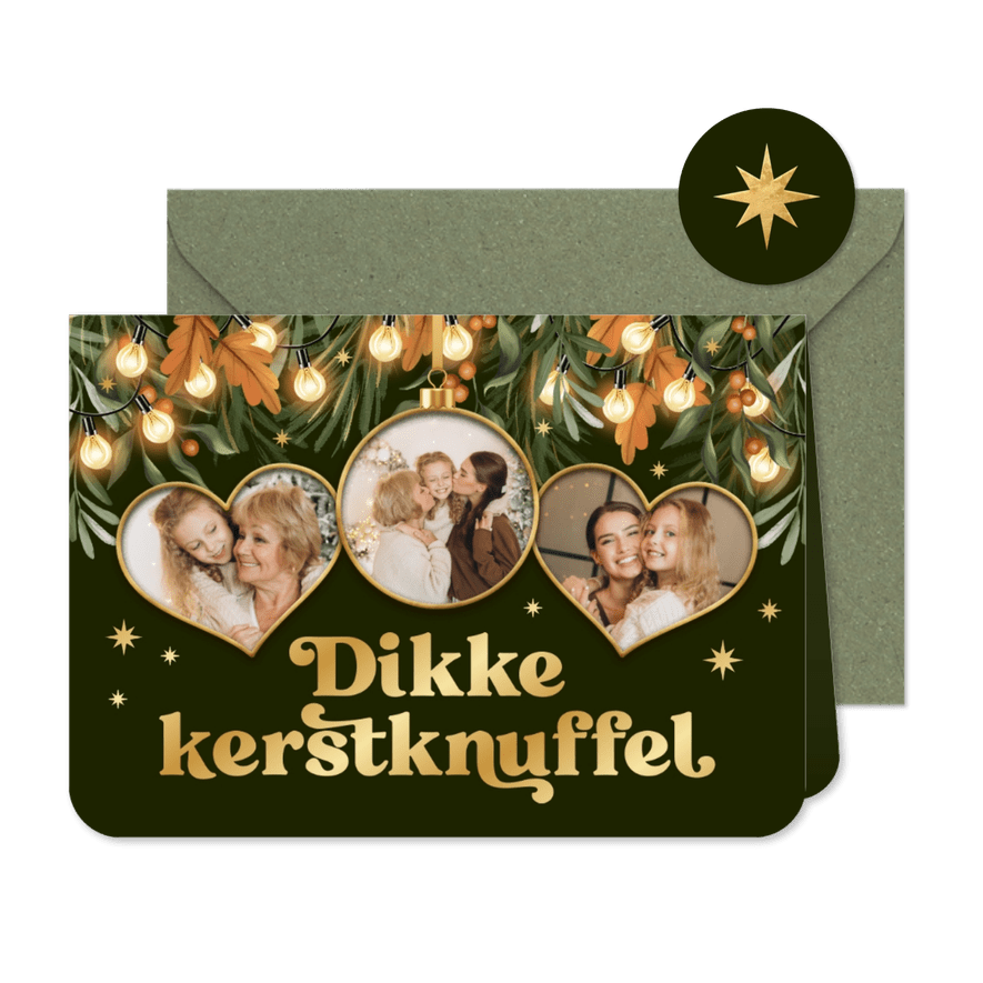 Kerstkaart liefdevol dikke kerstknuffel lampjes kerstbal - Kaartimpressie