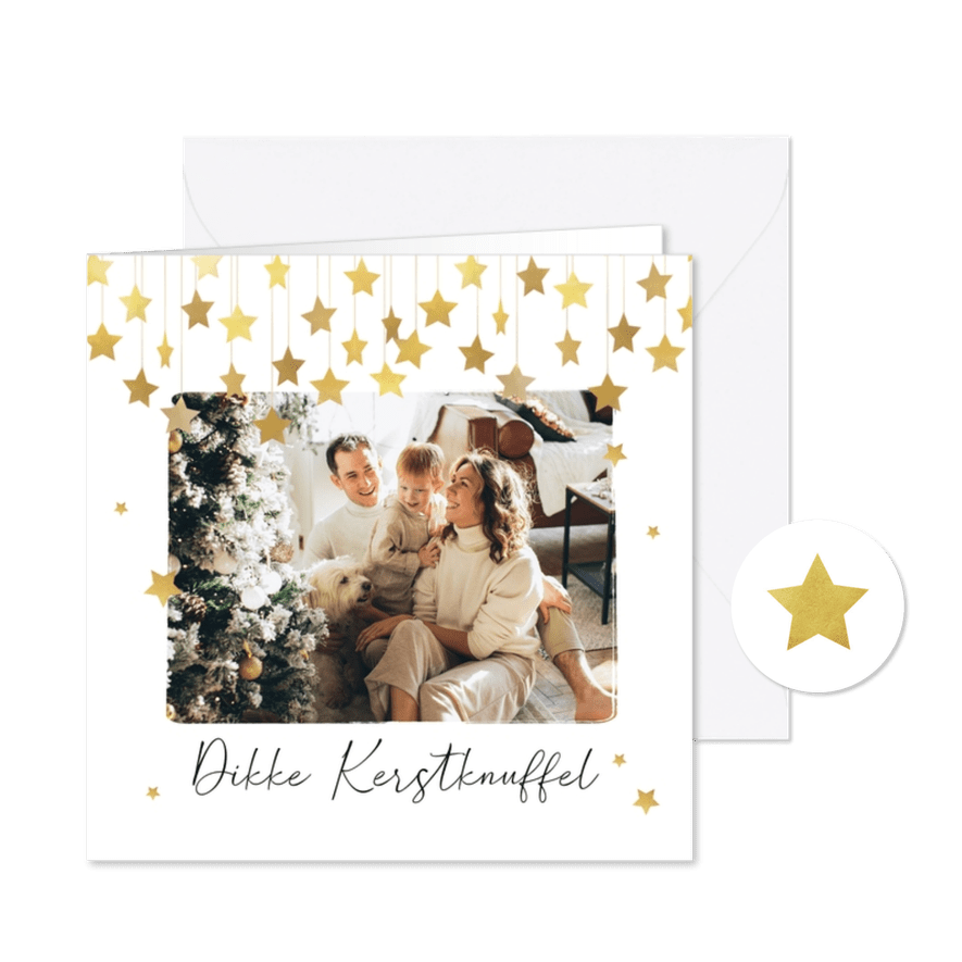 Kerstkaart liefdevol dikke kerstknuffel sterren goud foto - Kaartimpressie