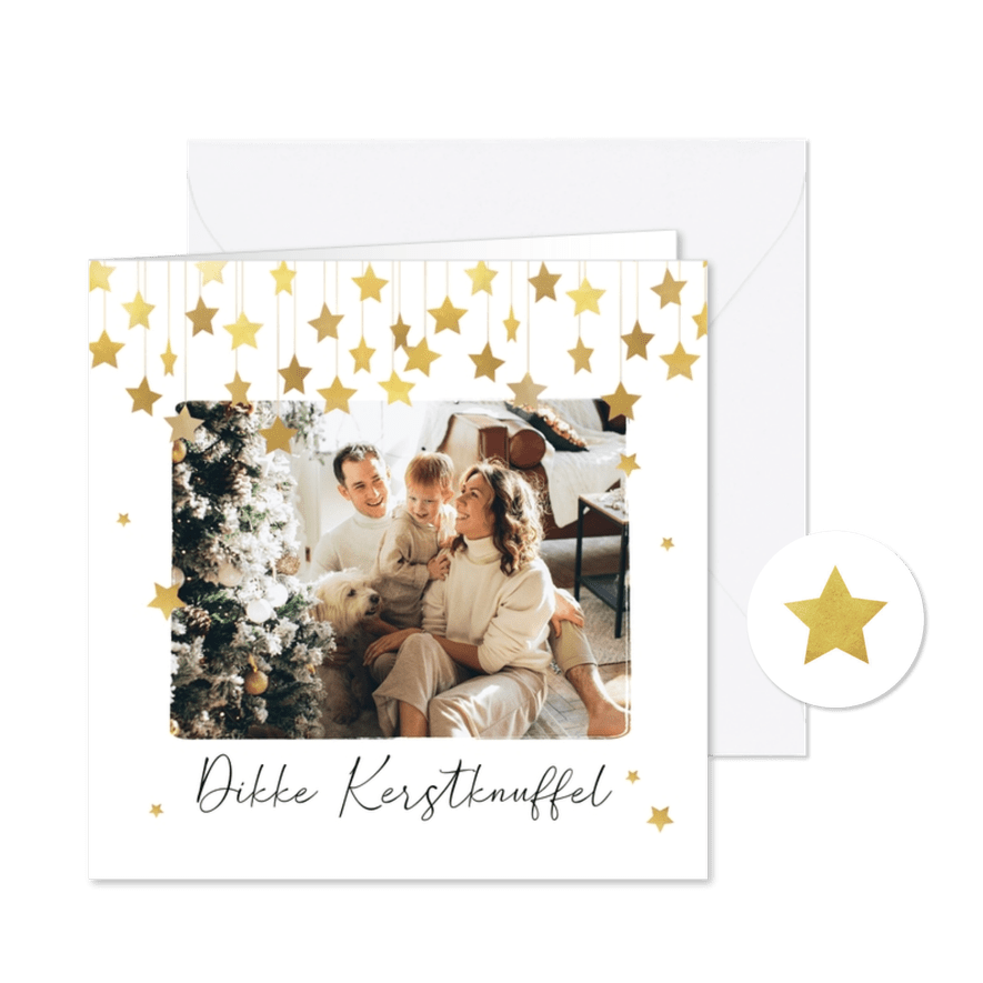 Kerstkaart liefdevol dikke kerstknuffel sterren goud foto - Kaartimpressie