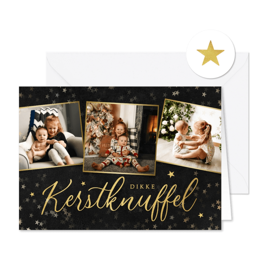 Kerstkaart liefdevol dikke kerstknuffel sterretjes goud foto - Kaartimpressie
