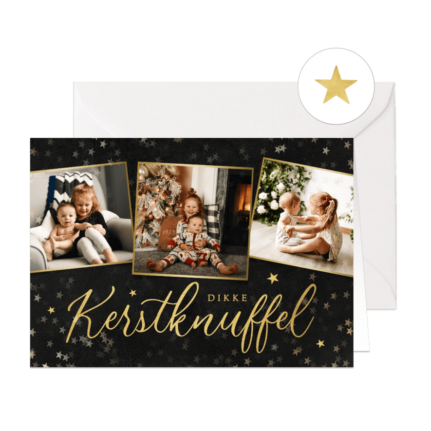 Kerstkaart liefdevol dikke kerstknuffel sterretjes goud foto - Kaartimpressie