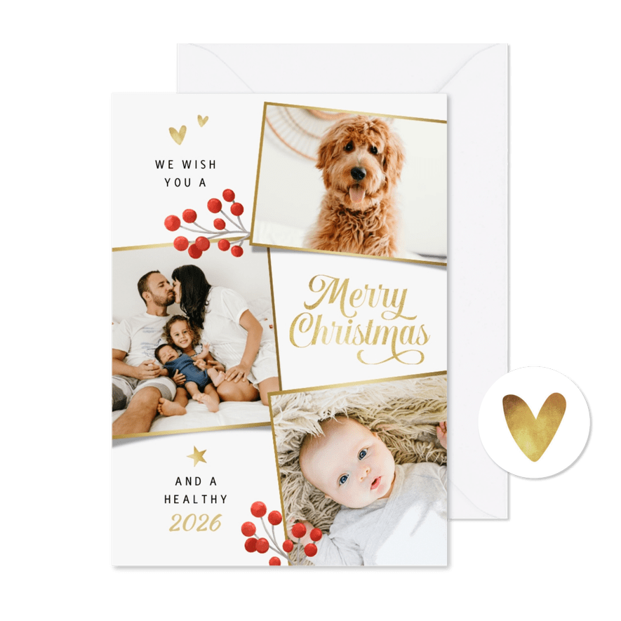 Kerstkaart liefdevol fotocollage goud merry christmas besjes - Kaartimpressie