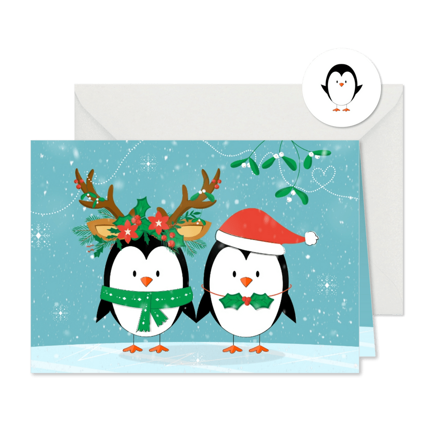 Kerstkaart liefdevol happy pinguïns kerstoutfit sneeuw ijs  - Kaartimpressie