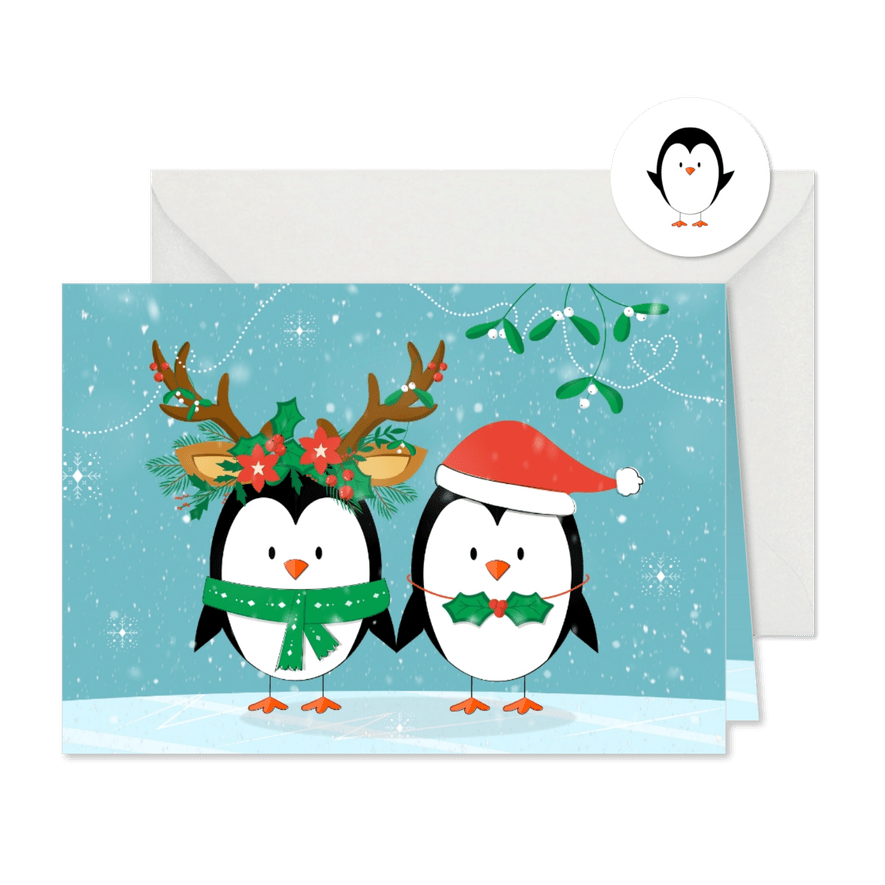 Kerstkaart liefdevol happy pinguïns kerstoutfit sneeuw ijs - Kaartimpressie