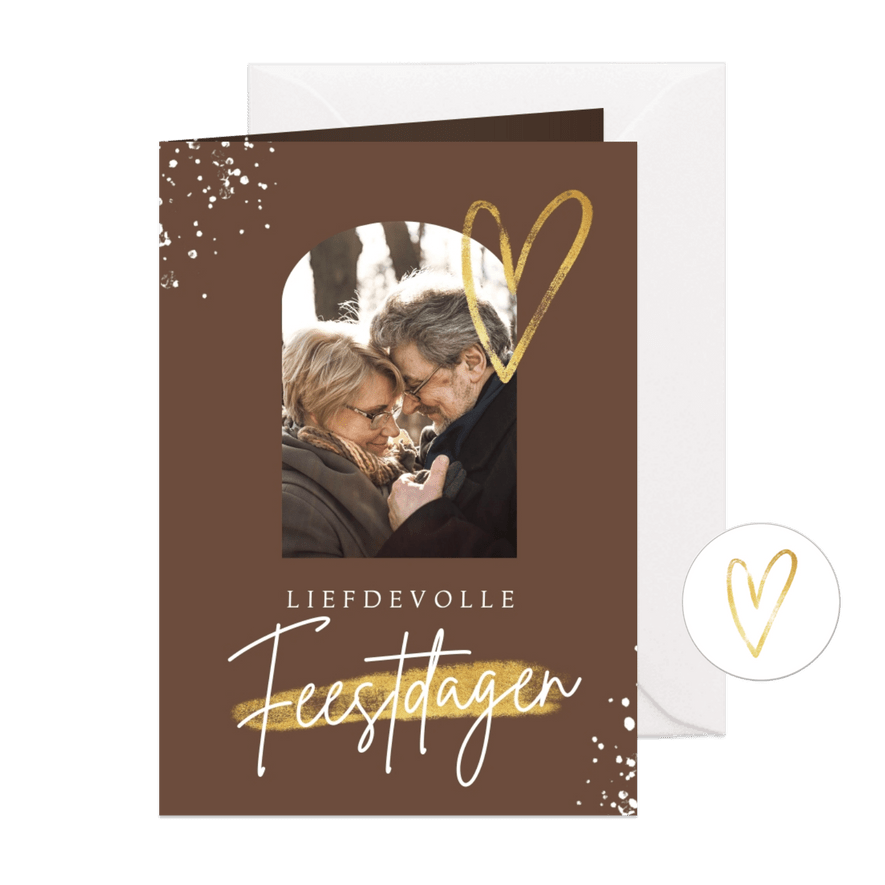 Kerstkaart liefdevol hartje goud foto spetters - Kaartimpressie