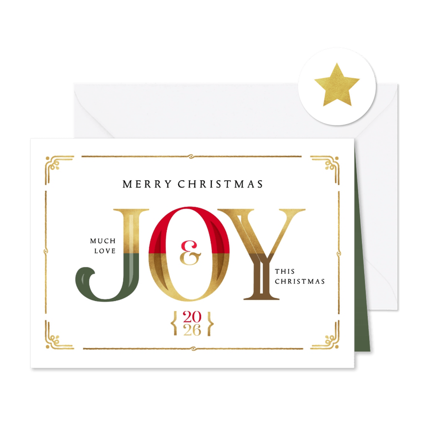 Kerstkaart liefdevol joy grafisch goud merry christmas - Kaartimpressie