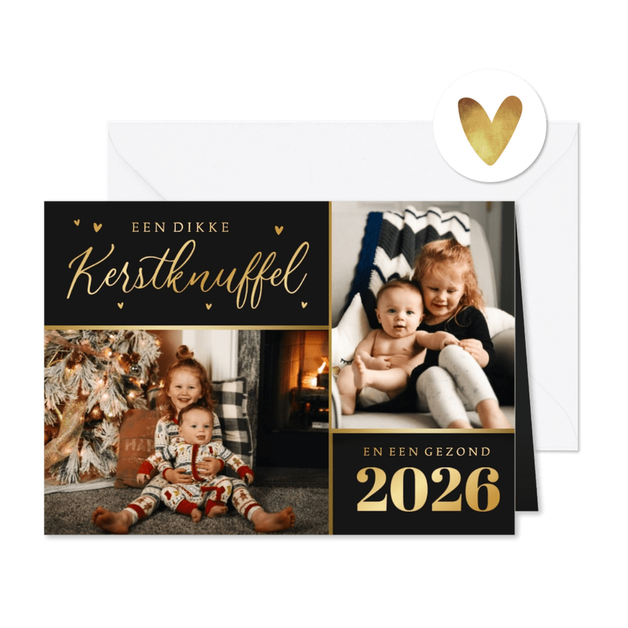 Kerstkaart liefdevol kerstknuffel hartjes foto goud - Kaartimpressie