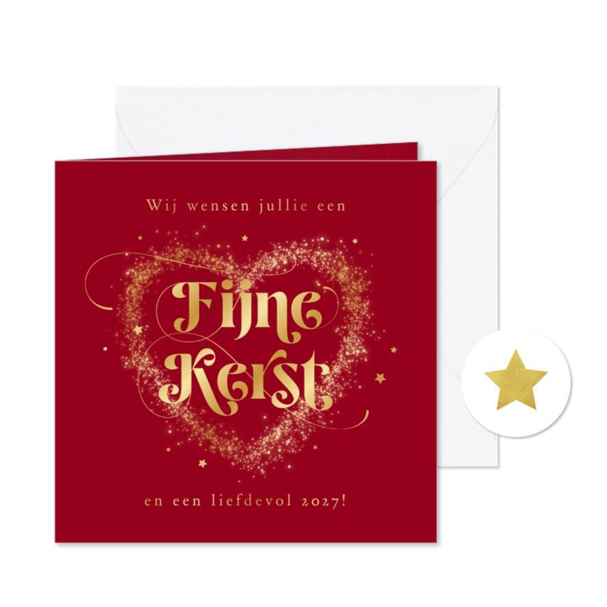 Kerstkaart liefdevol lichtjes hart fijne kerst goud rood - Kaartimpressie