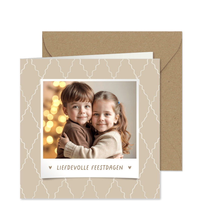 Kerstkaart liefdevolle feestdagen foto ruitjes patroon beige - Kaartimpressie