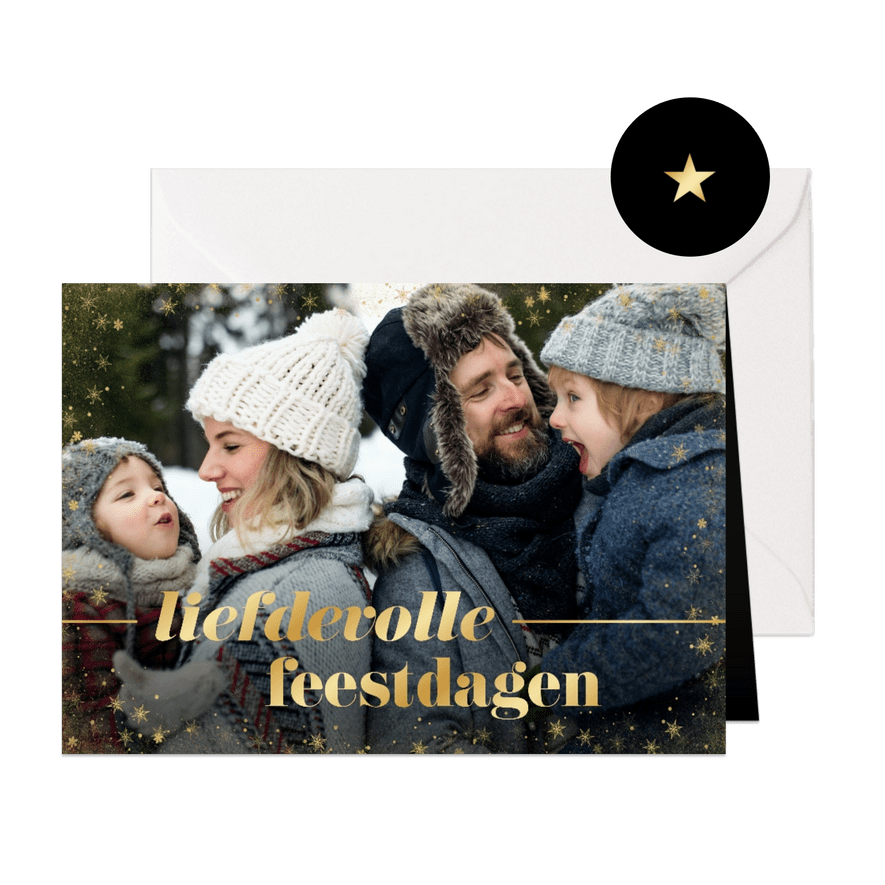 Kerstkaart liefdevolle feestdagen goudfolie met grote foto - Kaartimpressie