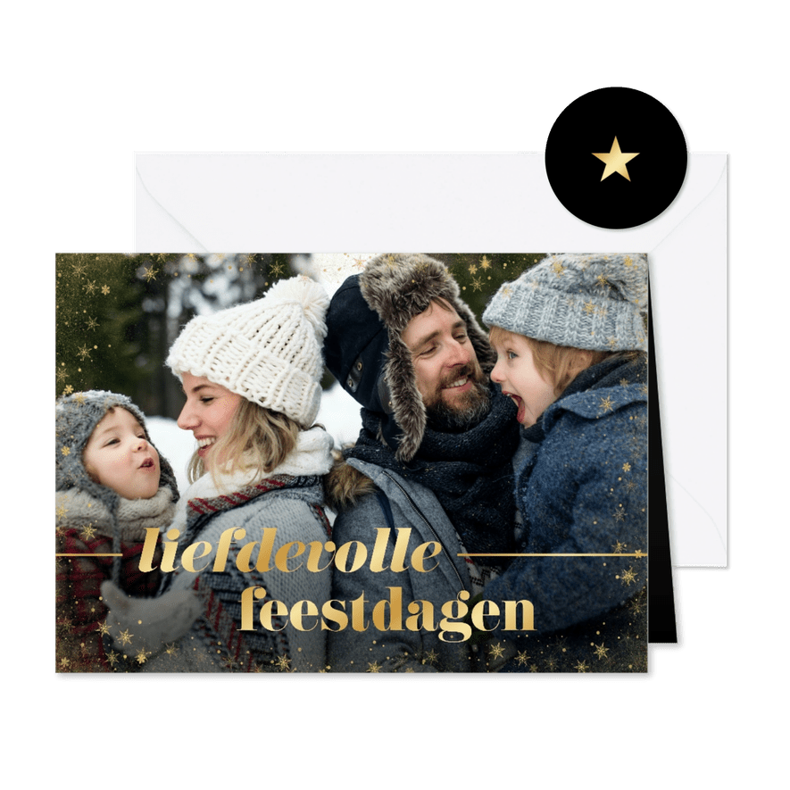 Kerstkaart liefdevolle feestdagen goudfolie met grote foto - Kaartimpressie