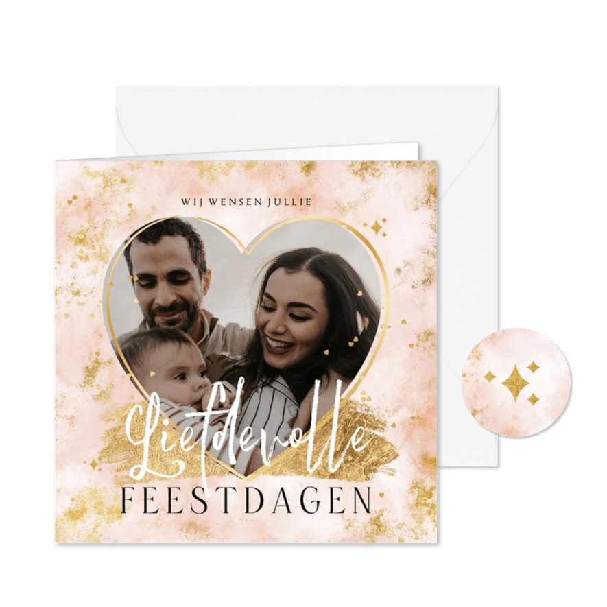Kerstkaart liefdevolle feestdagen hartjes goud foto - Kaartimpressie