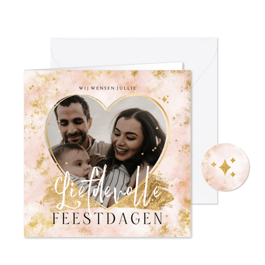 Kerstkaart liefdevolle feestdagen hartjes goud foto - Kaartimpressie