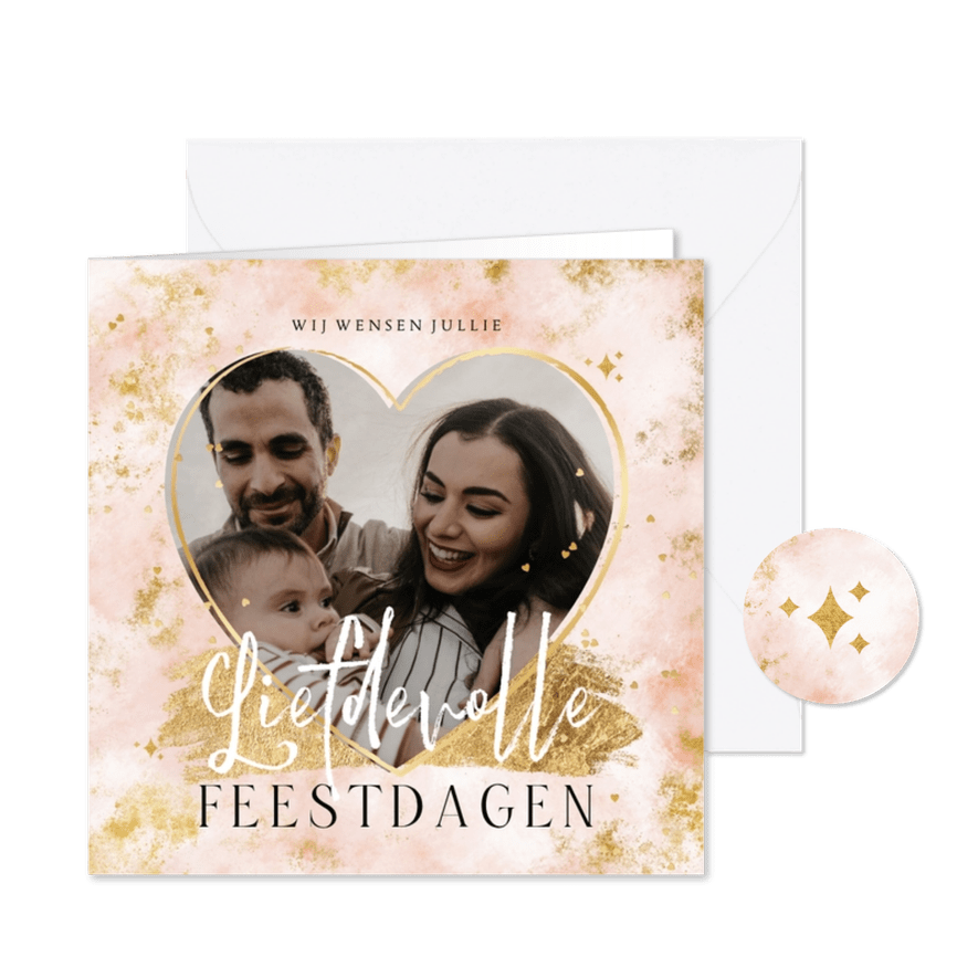 Kerstkaart liefdevolle feestdagen hartjes goud foto - Kaartimpressie