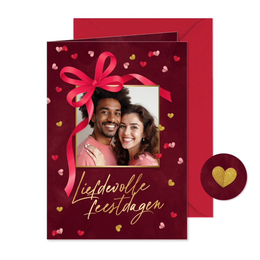 Kerstkaart liefdevolle feestdagen hartjes strik foto goud - Kaartimpressie