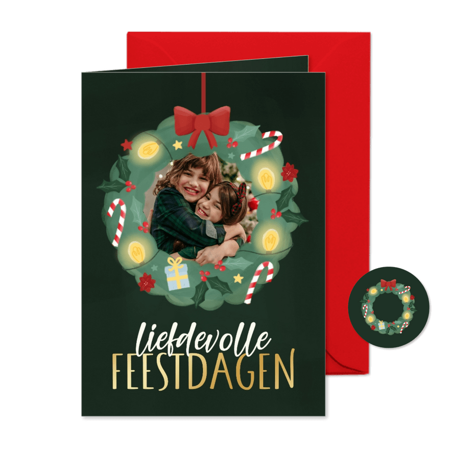 Kerstkaart liefdevolle feestdagen kerstkrans met foto - Kaartimpressie