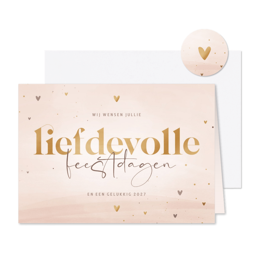 Kerstkaart liefdevolle feestdagen zachtroze met hartjes - Kaartimpressie