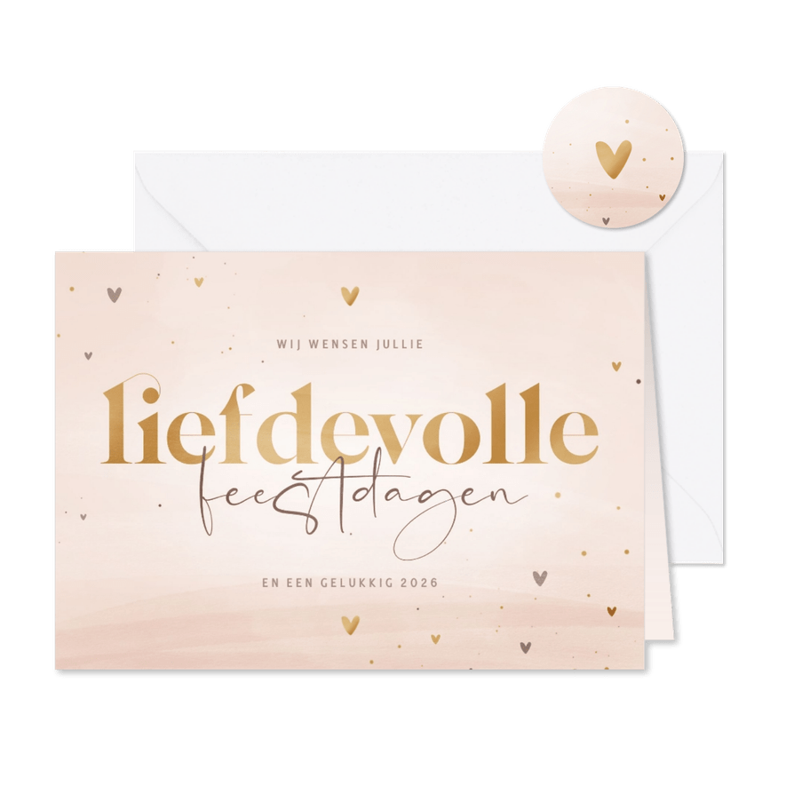 Kerstkaart liefdevolle feestdagen zachtroze met hartjes - Kaartimpressie