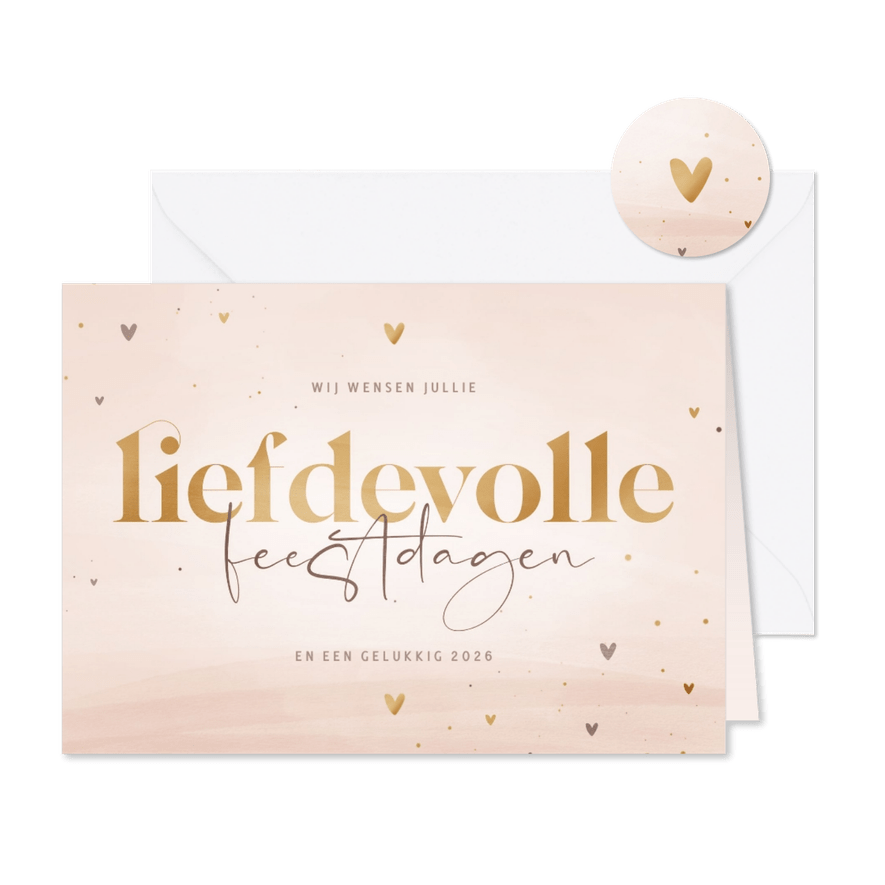 Kerstkaart liefdevolle feestdagen zachtroze met hartjes - Kaartimpressie