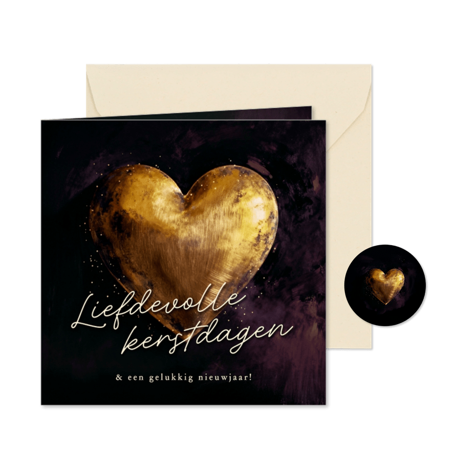 Kerstkaart liefdevolle kerst gouden hart paars  - Kaartimpressie