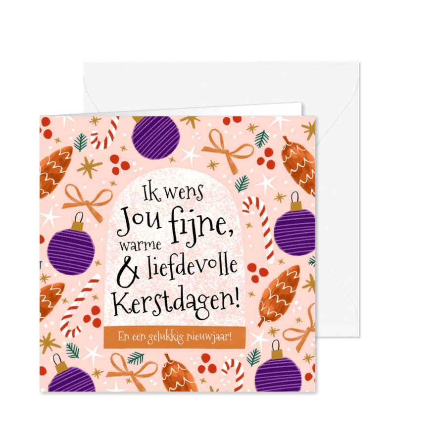 Kerstkaart liefdevolle kerstdagen kerstballen en zuurstokjes - Kaartimpressie