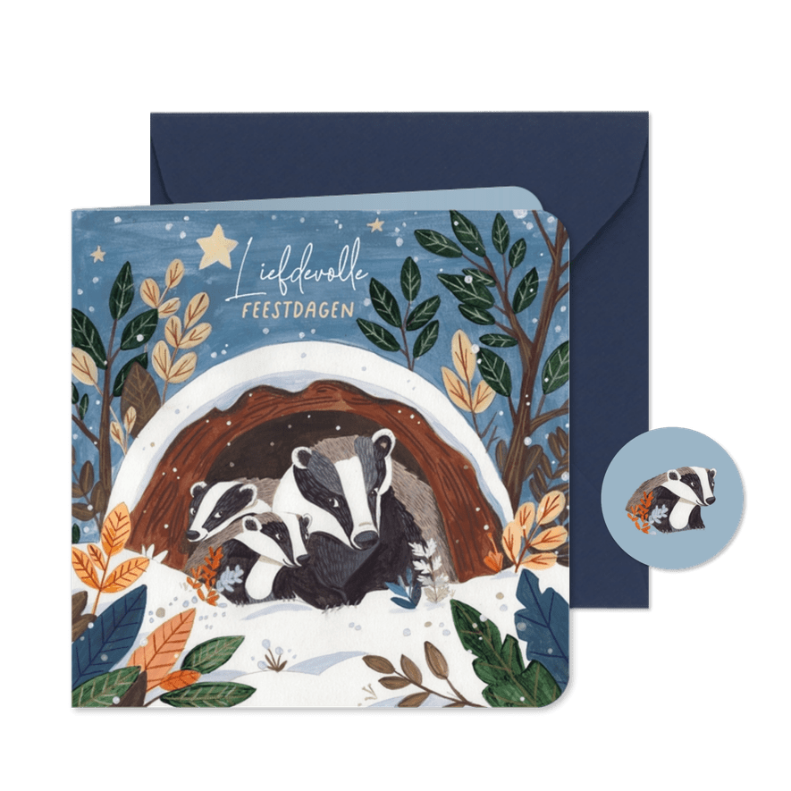 Kerstkaart lieve dassen familie in de sneeuw - Kaartimpressie