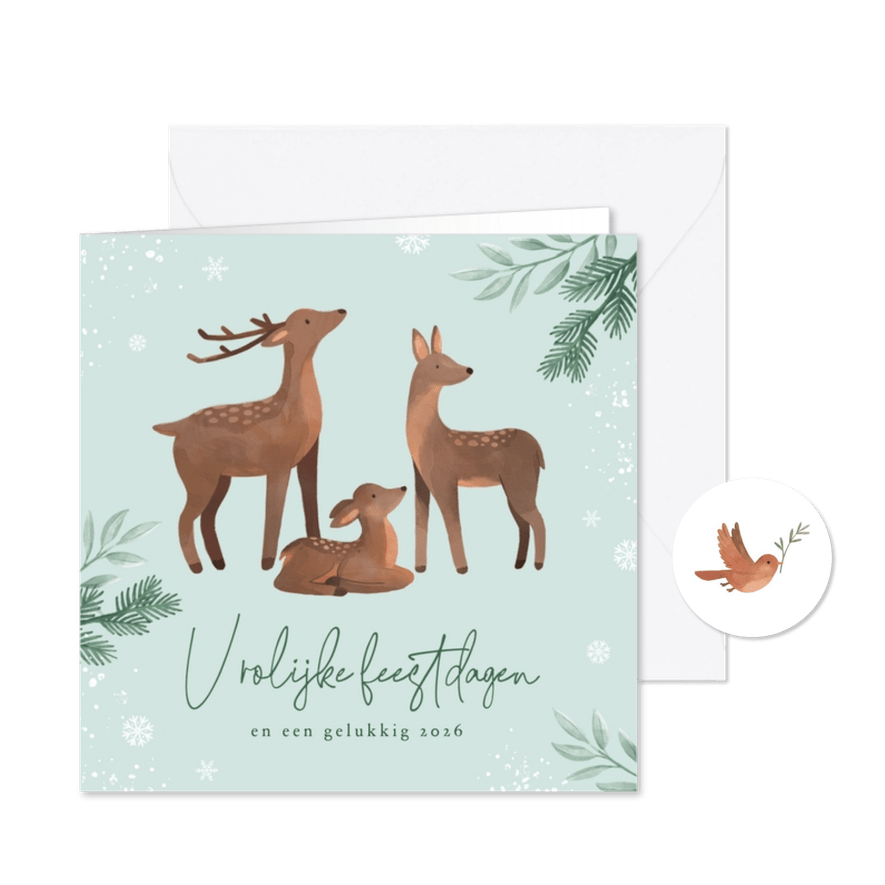 Kerstkaart lieve diertjes hertjes sneeuw winter dennentakjes - Kaartimpressie