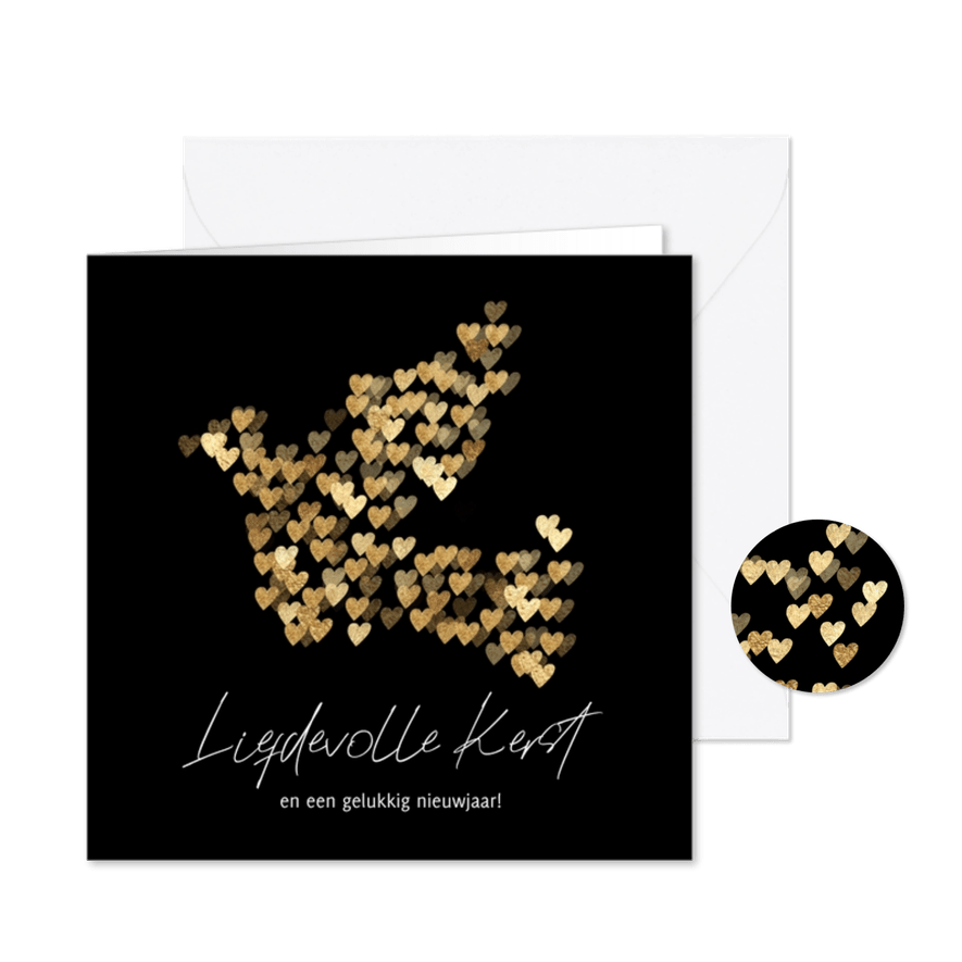 Kerstkaart lieve duif van gouden hartjes  - Kaartimpressie