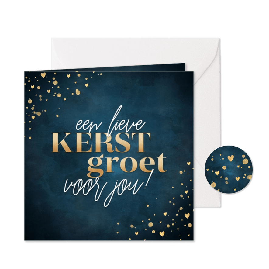 Kerstkaart 'Lieve kerstgroet' gouden spetters en hartjes - Kaartimpressie