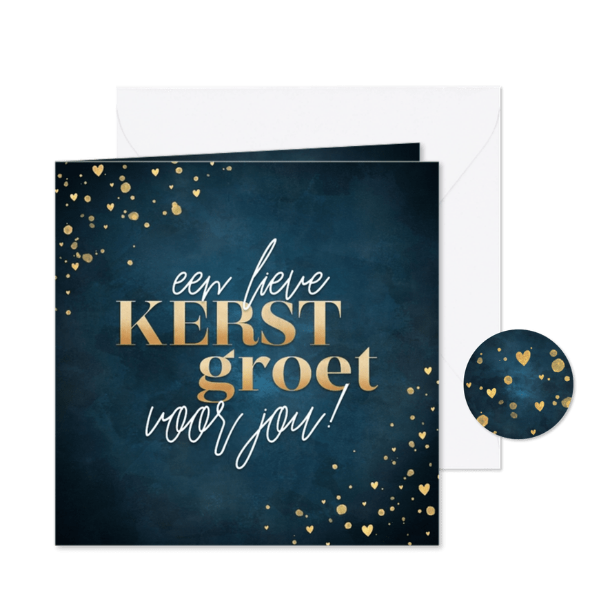 Kerstkaart 'Lieve kerstgroet' gouden spetters en hartjes - Kaartimpressie