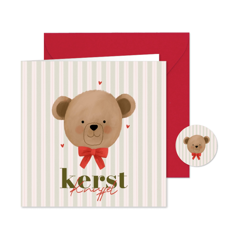 Kerstkaart lieve knuffelbeer met strik kerstknuffel - Kaartimpressie