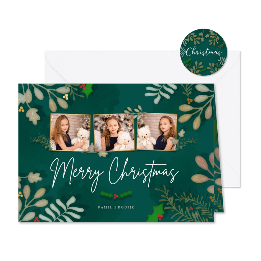 Kerstkaart liggend Botanisch 3 foto's - een gouden kerst - Kaartimpressie