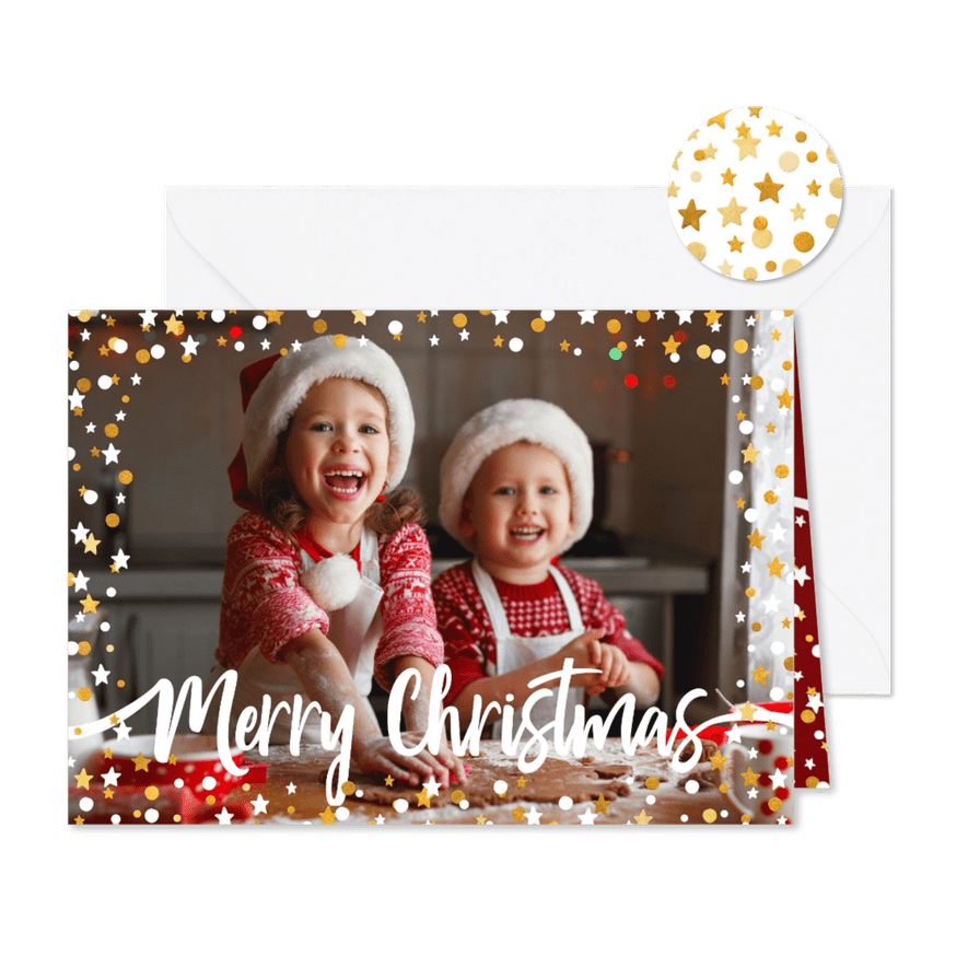 Kerstkaart liggend gouden sterren met confetti en foto - Kaartimpressie