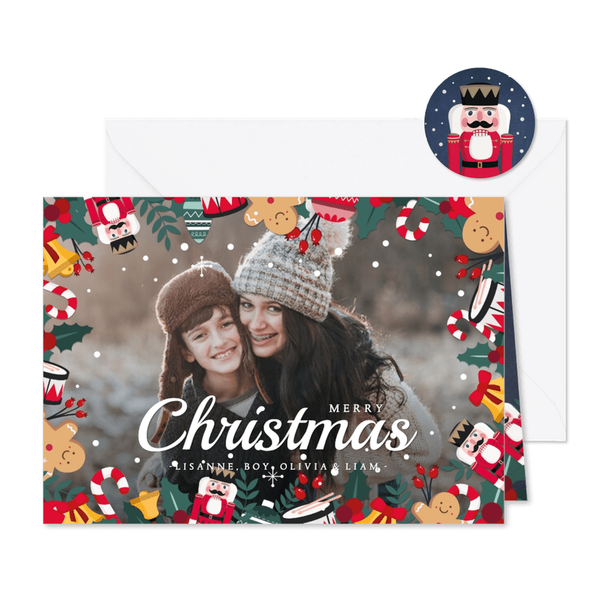 Kerstkaart liggend met eigen foto en kerstillustraties kader - Kaartimpressie