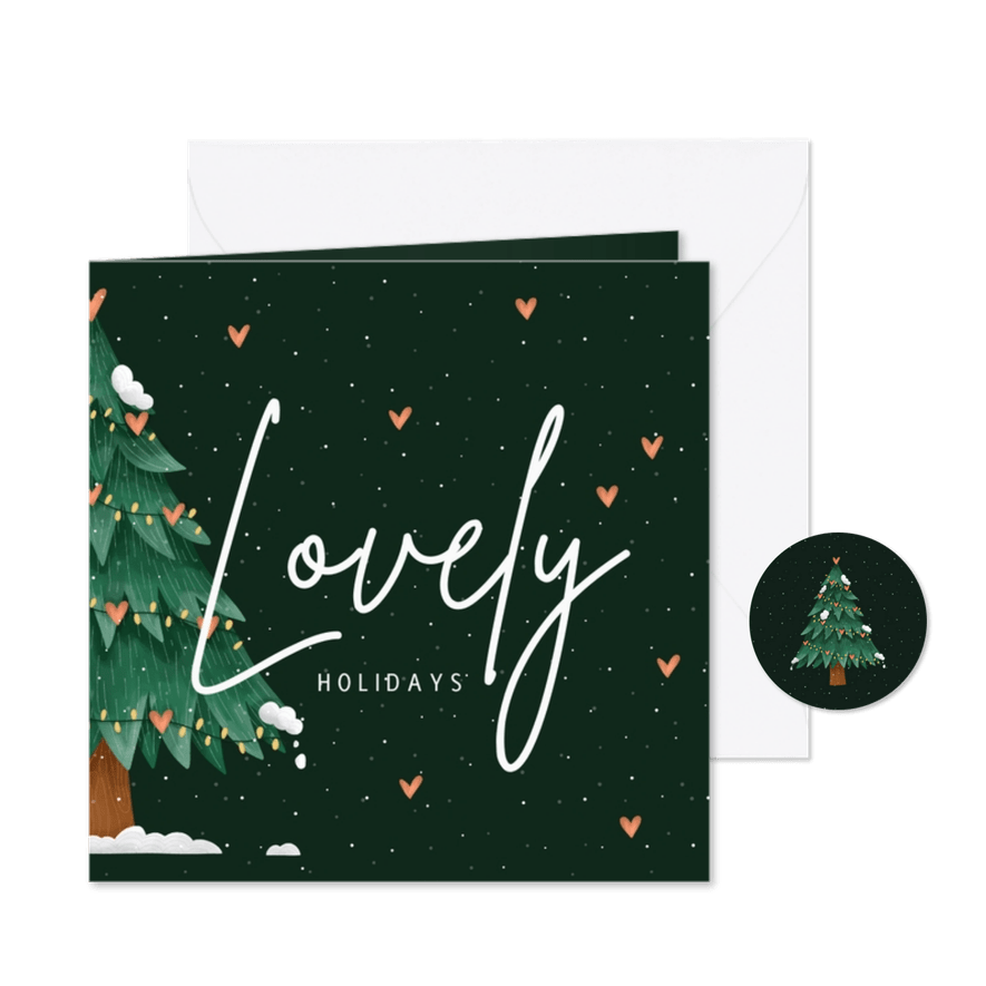 Kerstkaart lovely holidays kerstboom met hartjes - Kaartimpressie