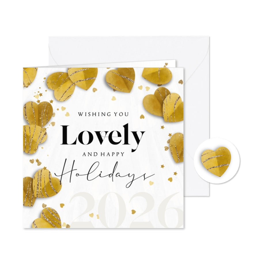 Kerstkaart lovely holidays met hartjes confetti goudlook - Kaartimpressie